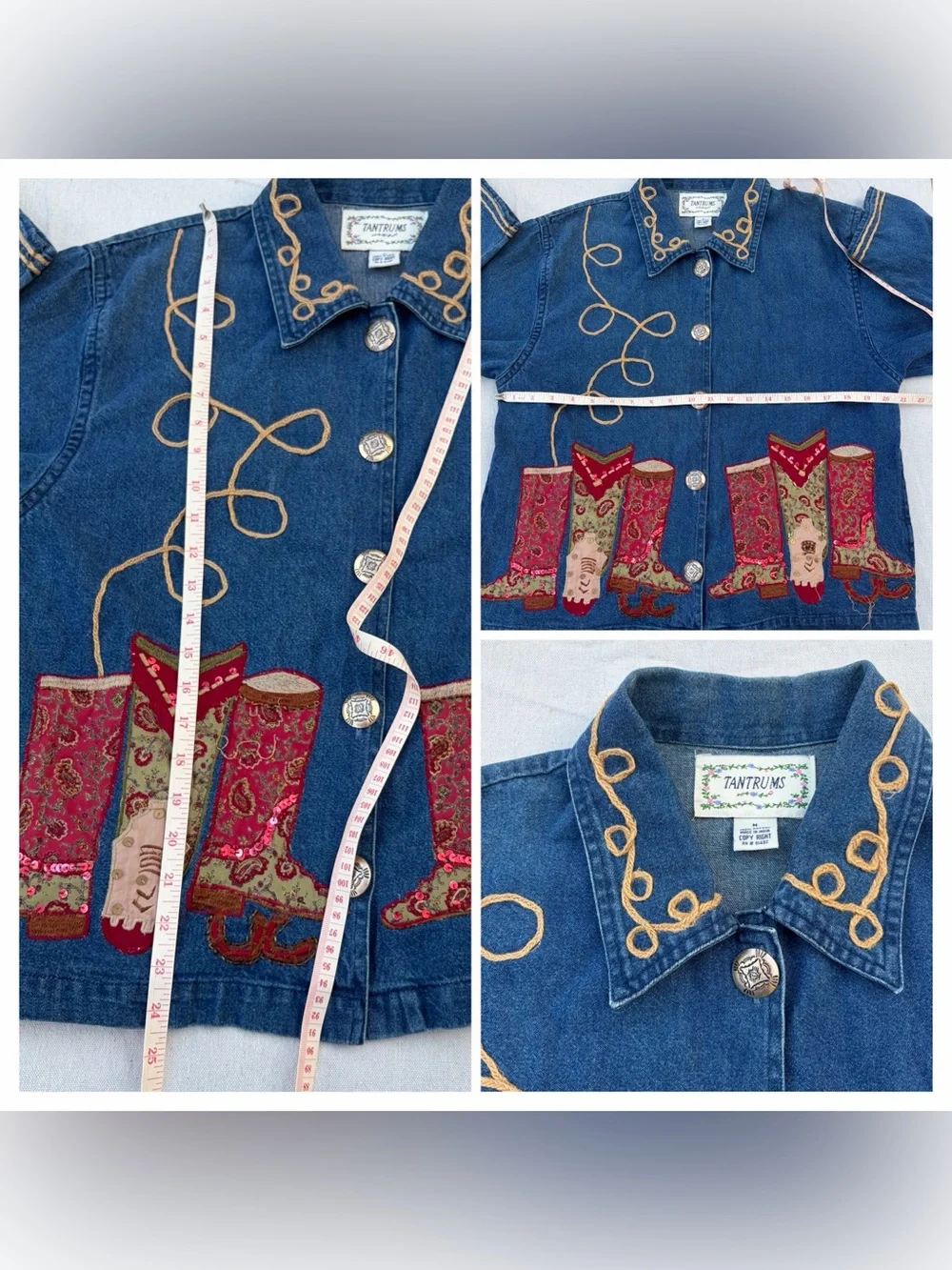 SOLD Vintage Tantrums Cowgirl Patchwork Denim Jacket Sequin Beaded Western - Picture 6 of 7